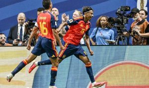 Pemain muda Spanyol, Lamine Yamal Lamine Yamal merayakan gol pembuka dalam pertandingan sepak bola Grup H Piala Dunia 2026 antara Spanyol vs Arab Saudi di Stadion Atlanta di Atlanta pada 21 Juni 2026. (Foto: AFP)