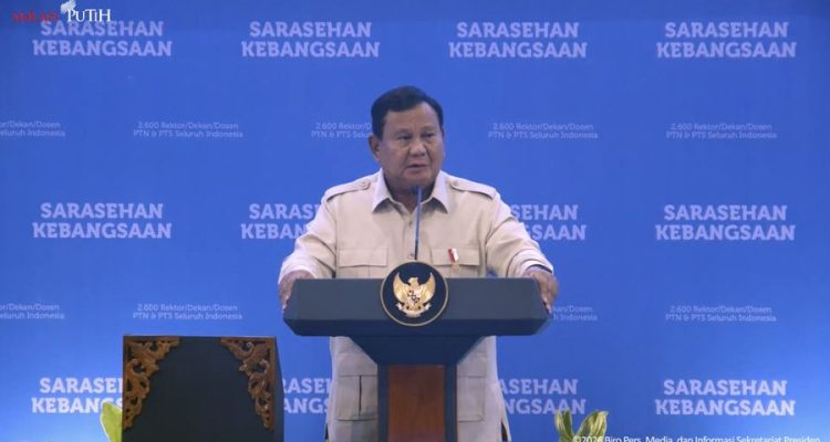 Presiden Prabowo Subianto saat menyampaikan sambutan dalam pembukaan Sarasehan Kebangsaan KSTI 2026 di Jakarta. Foto: Tangkapan Layar Youtube/Sekretariat Presiden.