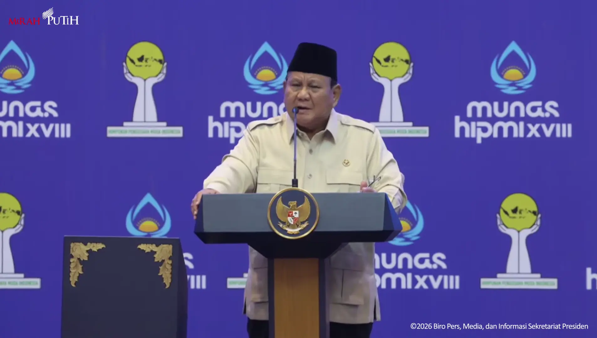 Presiden Prabowo memberikan sambutan di acara Munas Hipmi, Rabu (10/6/2026). Foto: Tangkapan layar Youtube Sekretariat Presiden.