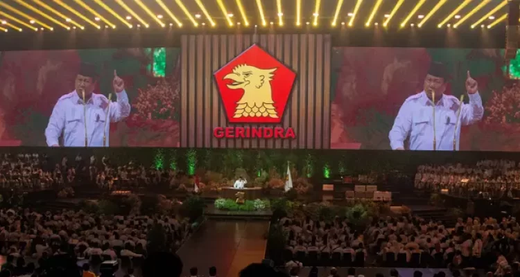 Ketua Umum Partai Gerindra Prabowo Subianto saat berpidato di HUT ke-17 Gerindra di SICC, Bogor.