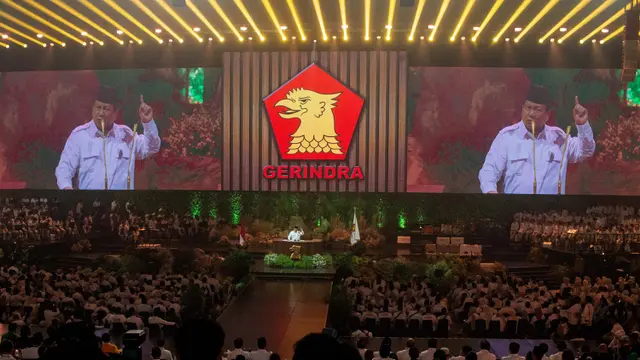 Ketua Umum Partai Gerindra Prabowo Subianto saat berpidato di HUT ke-17 Gerindra di SICC, Bogor.