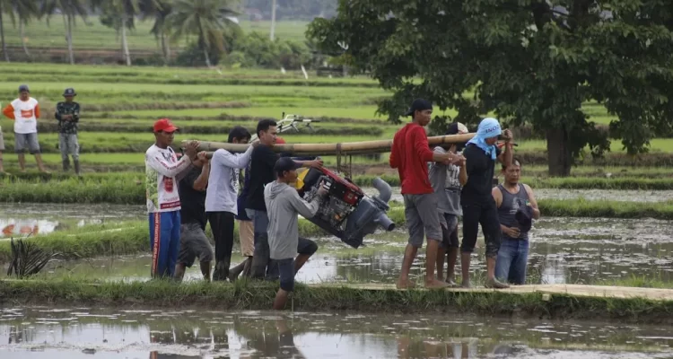 Petani menggotong pompa air menuju areal persawahan sebagai upaya menjaga ketersediaan air irigasi, mempertahankan produktivitas padi, dan memitigasi dampak kekeringan selama musim kemarau.