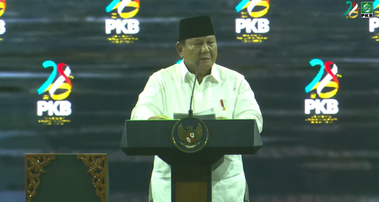 Presiden Prabowo Subianto saat menyampaikan sambutan dalam Puncak Harlah ke-28 yang di gelar oleh Partai Kebangkitan Bangsa (PKB) di Jakarta. (Tangkapan Layar Youtube DPP PKB)
