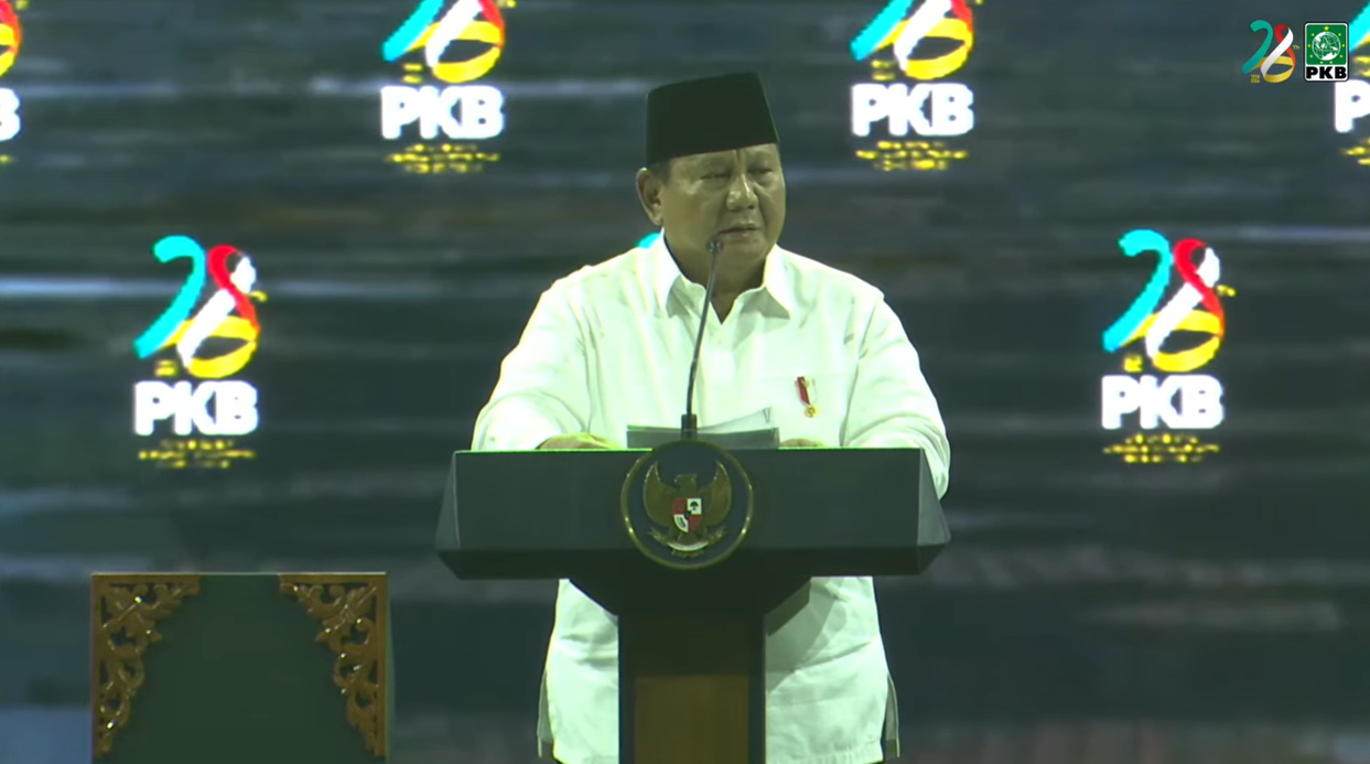 Presiden Prabowo Subianto saat menyampaikan sambutan dalam Puncak Harlah ke-28 yang di gelar oleh Partai Kebangkitan Bangsa (PKB) di Jakarta. (Tangkapan Layar Youtube DPP PKB)