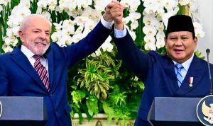 Presiden Prabowo dan Presiden Lula Presiden Prabowo Subianto (kanan) saat memberikan keterangan pers bersama Presiden Republik Federasi Brasil Luiz Inácio Lula da Silva di Istana Merdeka, Jakarta.