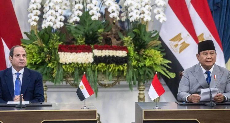 Presiden Prabowo Subianto (kanan) bersama Presiden Mesir Abdel Fattah el-Sisi (kiri) menyampaikan keterangan pers usai pertemuan bilateral di Istana Merdeka, Jakarta, Minggu (11/10/2026).